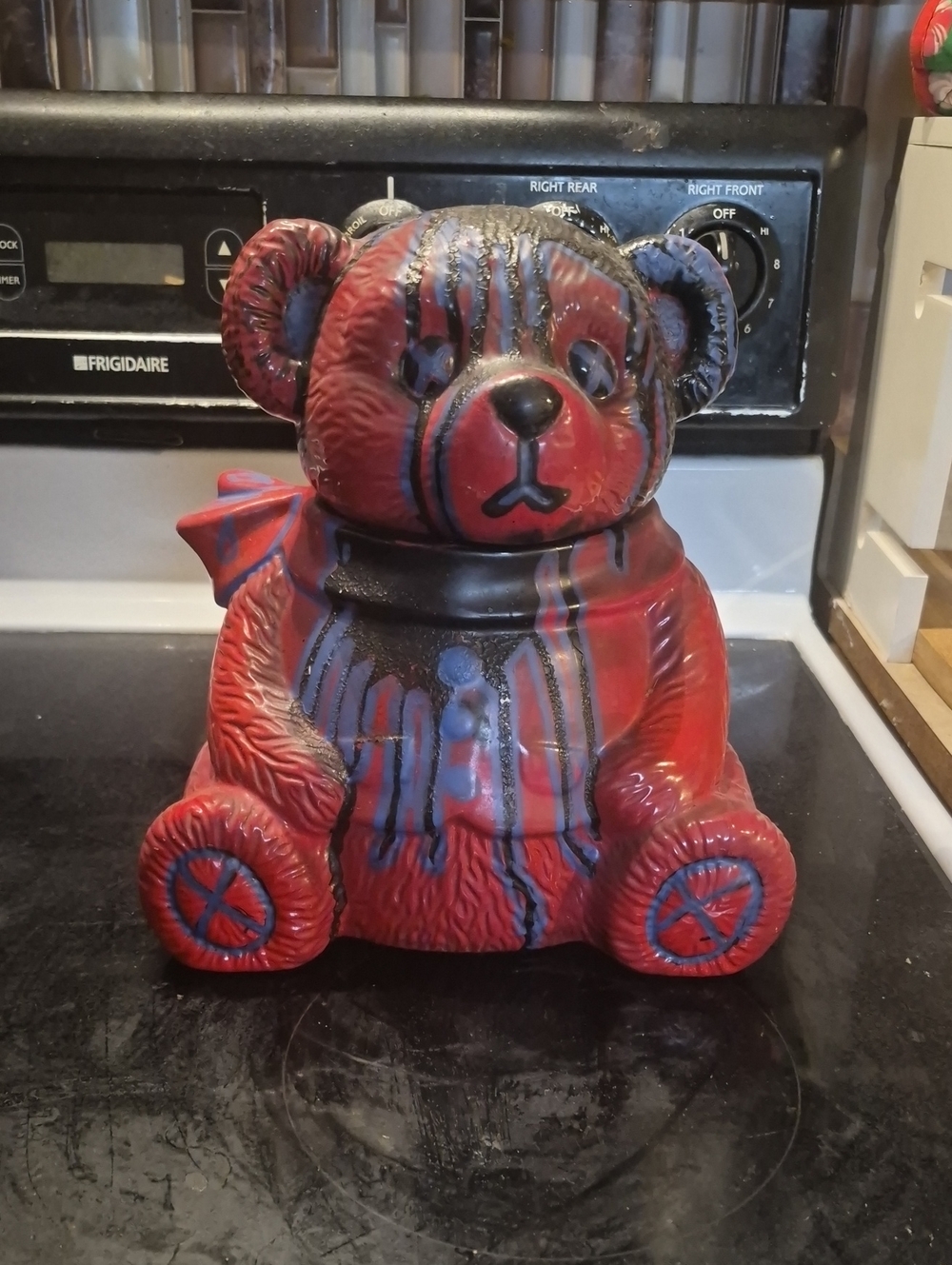 Red and Black Striped Teddy Bear Cookie Jar - Custom Vintiage 1of A Kind